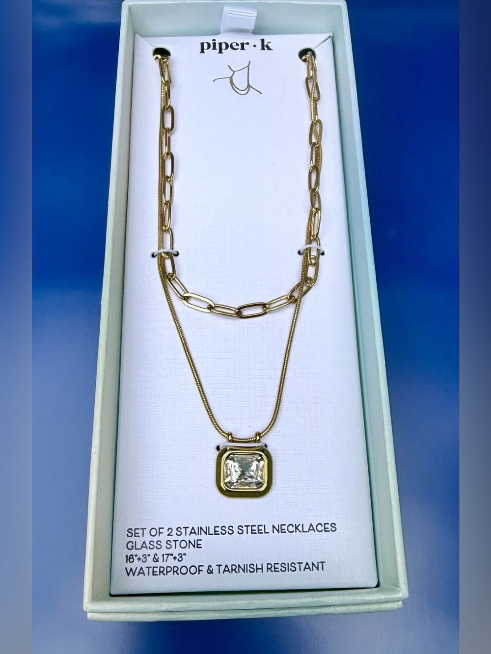 NIB Piper Gold-Tone Double-Layer Stainless Necklaces w/ Glass Stone, Waterproof